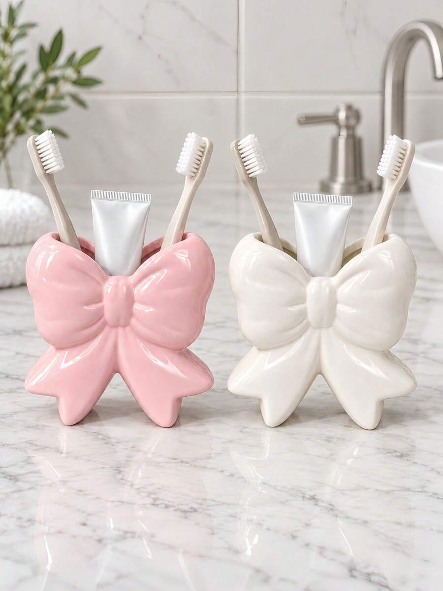 1pc Elegant Bow-Shaped Toothbrush & Toothpaste Holder, Glossy Pink Or Ivory White Bathroom Countertop Organizer, Cute Vanity Storage Decor - Multicolor - View 1