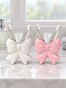 1pc Elegant Bow-Shaped Toothbrush & Toothpaste Holder, Glossy Pink Or Ivory White Bathroom Countertop Organizer, Cute Vanity Storage Decor - Multicolor - View 2
