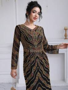 JINLICX Elegant Luxury Solid Color Sequin Beaded Evening Gown For Wedding, Holiday, Formal Dinner, Spring, Summer, Autumn - Black - View 5