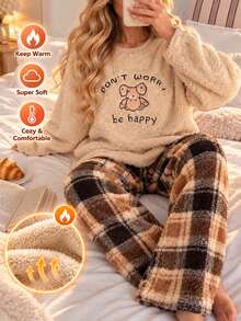 2pcs/Set Women's Long Sleeve Pants Loungewear Set, Cute Bear Embroidery Print, Bear Plush Round Neck Top, Comfortable Set With Plaid Straight Leg Pants, Suitable For Autumn/Winter - Apricot - View 2