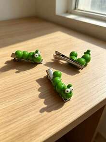 3pcs Random Color Cute 3D Green Caterpillar Duck Bill Hair Clips, Women's Niche Quirky Side Hair Accessories - Green - View 7