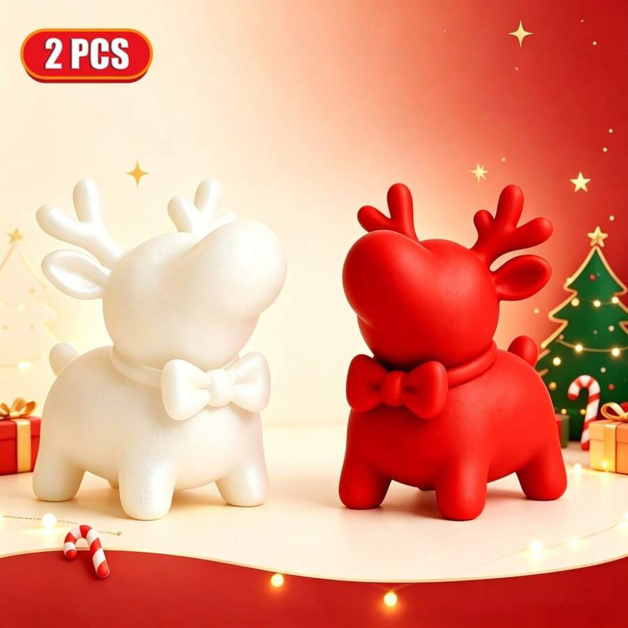 2pcs Christmas Reindeer Figurines - Cute Cartoon Deer Statues With Antlers, Suitable For Bookshelf, Desktop, Mantel Decoration, Plastic Holiday Decor For Christmas Tree, Ideal Gift - Multicolor - View 1