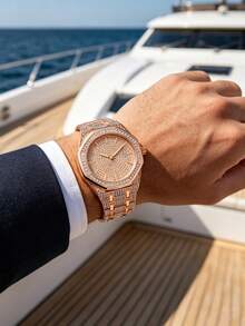 GUANQIN Rhinestone Hip-Hop Style Men's Diamond Watch With Calendar Function, Fashionable And Cool, Suitable For Easter, Halloween, Christmas, Father's Day, Birthday, Back To School, Students, Holidays, Valentine's Day, Dating, Business, Daily Wear, Gifts, Music Festivals, Wedding Season And Other Occasions - Rose Gold - View 4