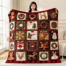 1 Buah Selimut Patchwork Natal, Selimut Flanel Kotak-kotak Merah Motif Manusia Salju dan Rusa untuk Dekorasi Sofa dan Rumah Saat Liburan - MultiWarna - View 9