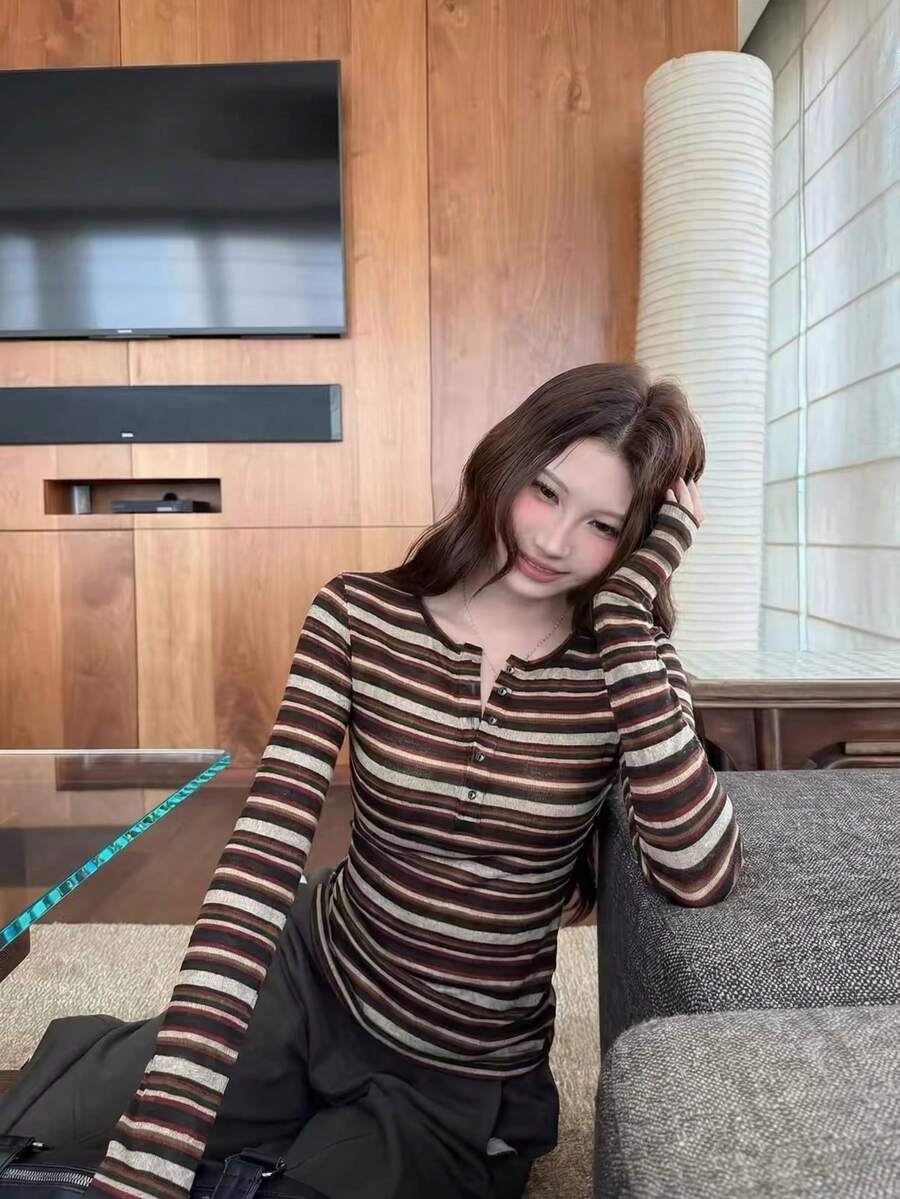 橘色條紋女款復古條紋底層上衣,修身收腰T恤 - 橘色條紋 - 查看 1