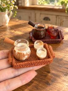 Miniature Coffee And Tea Drink Model, Includes Drink Pot, Cup And Faux Woven Tray Miniature Models, Dollhouse Kitchen Accessories, Model House Cafe Scene Decoration - one-size - View 4
