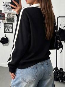 Women's Autumn/Winter Pullover Sweatshirt, Contrast Color Loose Fit Airplane Collar Sweatshirt, Suitable For Casual Wear And Street Style - Black - View 4