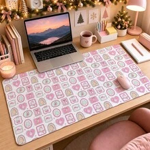 1pc Pink Christmas Pattern Mouse Pad, Cute Santa, Snowman, Gifts And Christmas Tree Icons Extended Desk Mat For Home Office And Gaming, Sizes S/M/L/XL - View 3