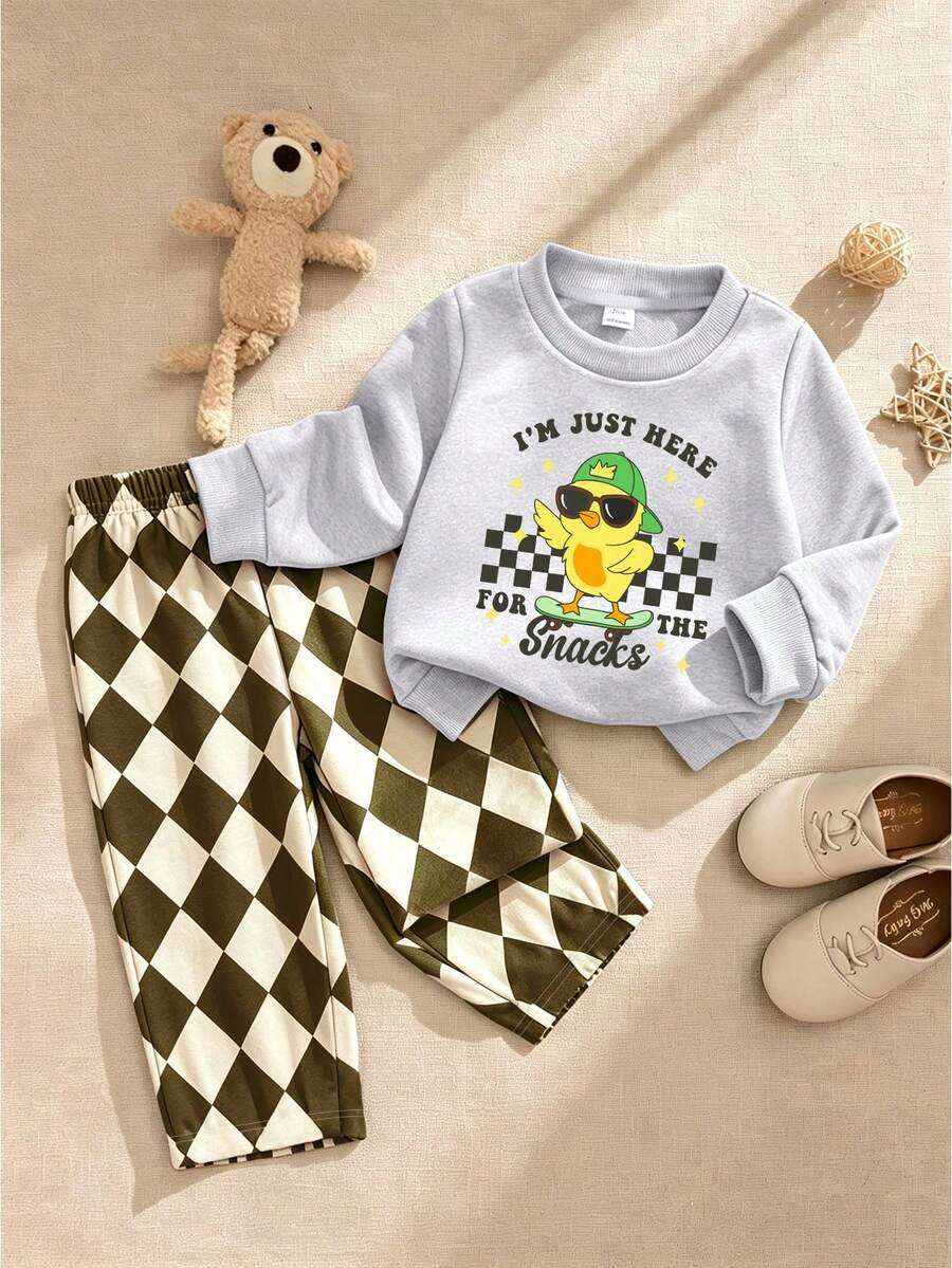2pcs/Set Boys Cartoon Chick Print Crew Neck Sweatshirt + Random Cut Diamond Plaid Pants, Comfortable & Fashionable Autumn/Winter New Style - Multicolor - View 1