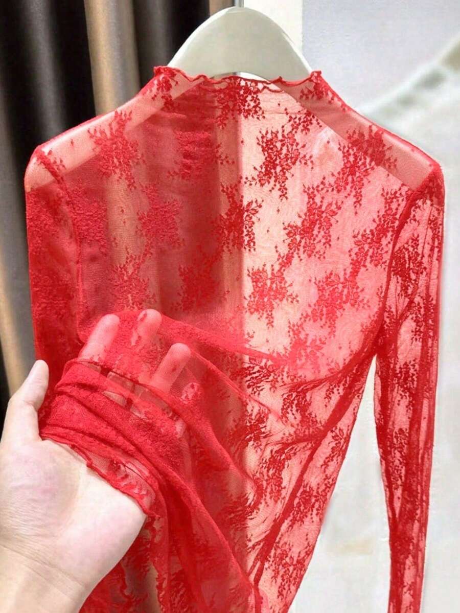 女款半高領蕾絲層搭內搭上衣，2025春夏秋新款透視網紗打底衫，長袖薄紗