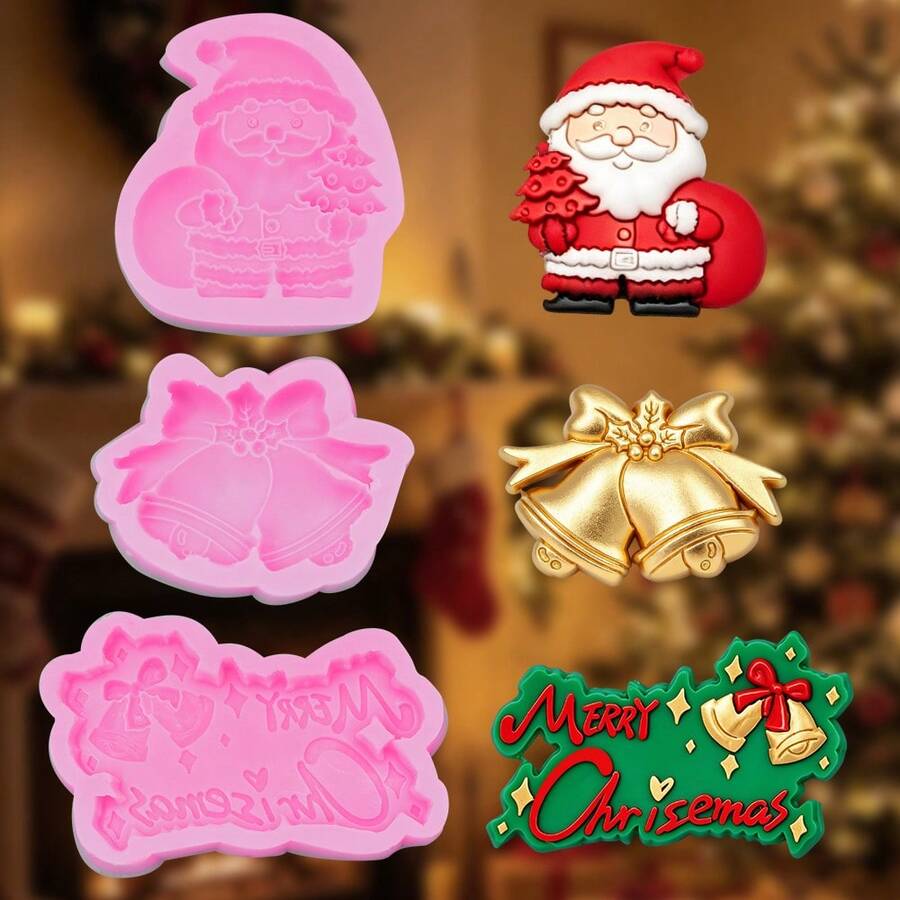 3pcs Santa Claus Bell Merry Christmas Christmas Decoration Silicone Mold DIY Clay Aromatherapy Plaster Silicone Mold - Pink - View 1