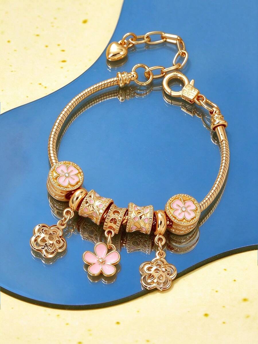 女款甜美花卉串珠手鍊,粉色櫻花鏤空吊墜鍍金蛇骨鏈手鍊,日常婚禮派對飾品,送給她的禮物 - 幸運草-粉 - 查看 1
