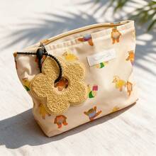 1pc Cute Bear Print Canvas Storage Bag, Large Capacity Zipper Organizer With Flower Charm, Travel Daily Storage Bag For Women - Multicolor - View 1