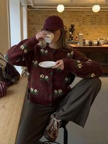 Floral Embroidered Sweater Cardigan, Cropped Button Front, Crew Neck, Long Sleeve, Soft Knit, Burgundy Red, Vintage Fall Casual Layering Top - Red - View 5
