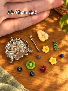 Miniature Fruit Platter Model, Silver Plate And Fork With Mixed Fruit Model Decor, Dollhouse Kitchen And Dining Room Scene Decoration - one-size - View 6