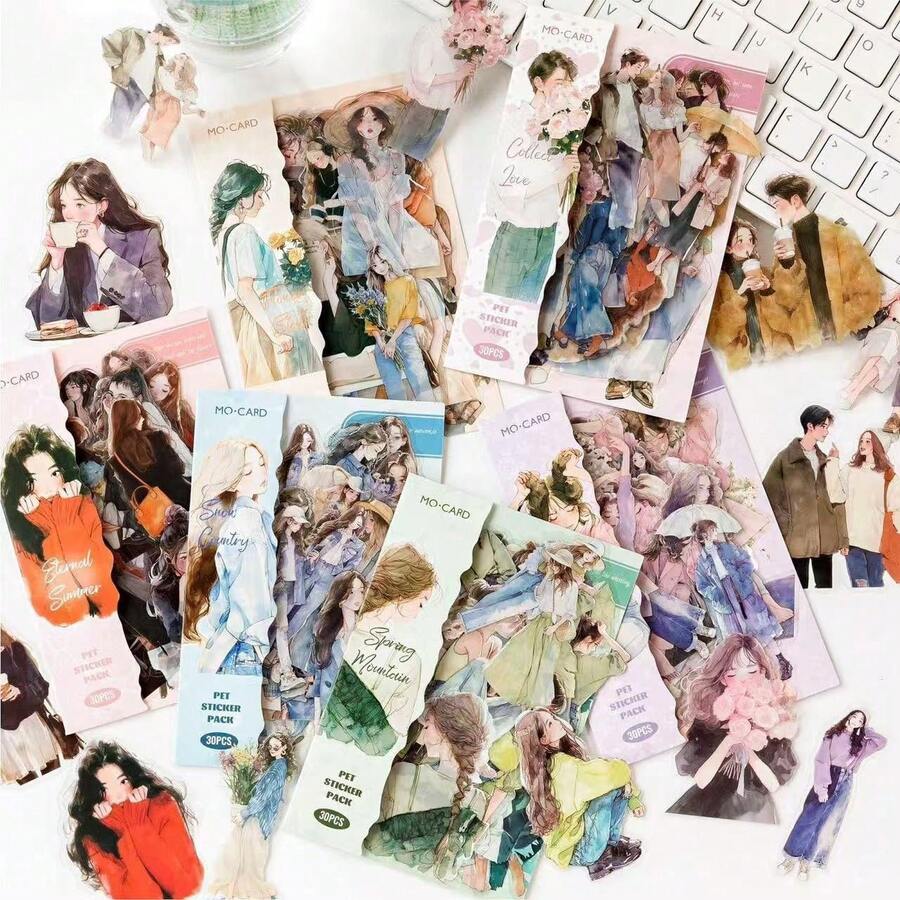 Paket Stiker PET Seri Happy Live Gaya Korea Karakter Bahan Dekorasi Scrapbook Dasar Stiker Tahan Air - Satu-Ukuran - View 1