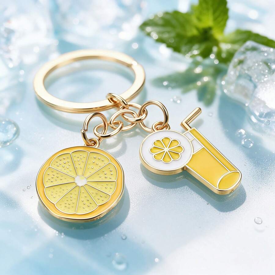 1pc Cute Lemon Slice Keychain, Aesthetic Enamel Fruit & Juice Drink Charm, Gold Tone Keyring For Backpack, Summer Gift - Multicolor - View 1