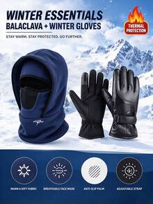 2PCS Unisex Autumn/Winter Multi-Function Cold-Proof Letter Print Balaclava Hat With PU Leather Gloves, Warm Headwear Set Suitable For Daily Outdoor Cycling - Multicolor - View 8