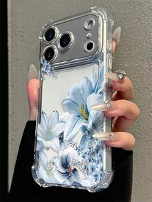 清新藍百合花卉透明手機殼，四角氣囊防摔保護殼，Ins溫柔風，耐刮全包覆保護套，適用於 Apple 18 Pro Max/18 Pro/17 Pro Max/17Pro/16 Pro Max/16/15 Pro Max/15/14 Pro Max/14/13 Pro Max/13/12 Pro Max/12/11 Pro Max/11/XR/XS Max/XS/8/7，生日禮物，返校禮物，聖誕禮物，日常必需品 - 無色 - 查看 3