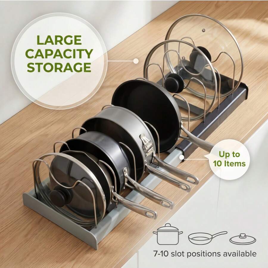 JPEK Adjustable Pot Lid Organizer, Suitable For Cabinets, Drawers And Countertops, Large Capacity Kitchen Storage Rack Can Hold Up To 10 Items, Sturdy Kitchen Utensil Rack, Create A Tidy Kitchen