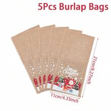 5Pcs Christmas Burlap Cutlery Holders, Santa Gift Print Linen Utensil Pouch For Holiday Table Decor - Multicolor - View 6