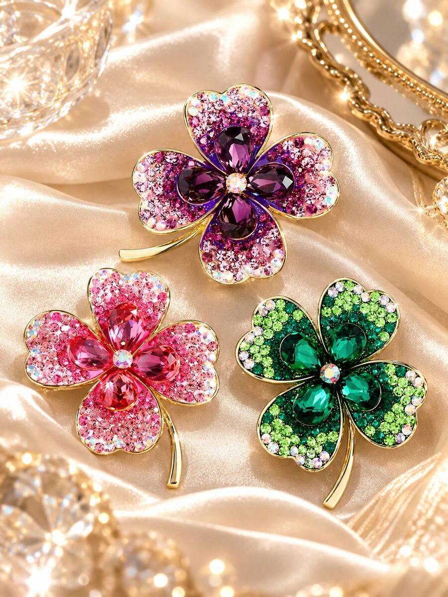 1pc Multicolor Lucky Four-Leaf Clover Rhinestone Luxury Elegant Brooch Lapel Pin Unisex Daily Banquet Wedding Party Gift Clothing Decoration - Pink - View 1