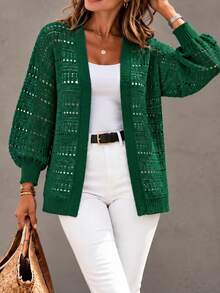 Women's Plus Size Elegant Knit Cardigan, Long Dropped Shoulder Sleeves, Ribbed Knit Details, Autumn/Winter Fashion Style - Dark Green - View 3