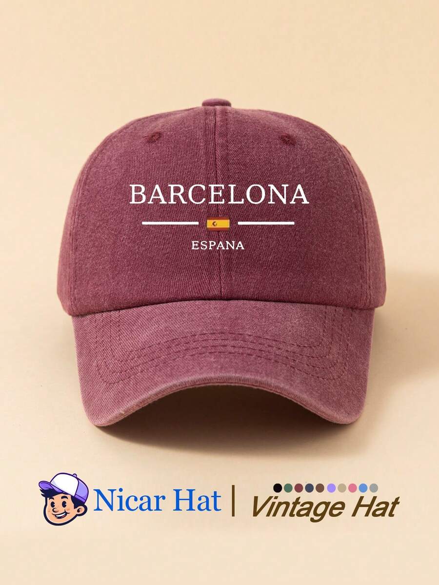 1pc Saudi Arabia Pattern Printed Vintage Washed Men's Baseball Cap With 'BARCELONA ESPANA' Flag, Lightweight Comfortable Adjustable Multi-Functional Baseball Cap, Unisex Trucker Hat Suitable For Daily Wear, Outfit, Holiday Party And Other Occasions