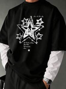 Men's Spring/Autumn 2 In 1 Long Sleeve T-Shirt, American Retro Graffiti Star Streetwear Base Layer Top - Black - View 5