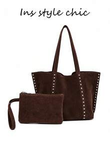 Tote Bag Vintage Rivet Mother-Daughter Tote Bag, Double Long Shoulder Straps With Side Metal Rivet Decoration. Large Capacity Bag Body, Can Store Various Personal Items, Vintage Western Style Suitable For Daily Outings, Easily Enhance Overall Outfit Style. - Coffee Brown - View 8