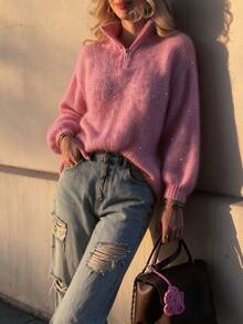 Women's Autumn/Winter Watermelon Pink Versatile All-Match Long Sleeve Zipper Collar Sweater With Sequin Embellishment - Watermelon Pink - View 6