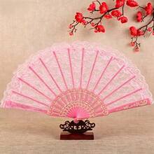 1件法式復古粉色蕾絲流蘇折疊小扇子，便攜式夏季舞蹈折疊扇 - 粉色 - 查看 1