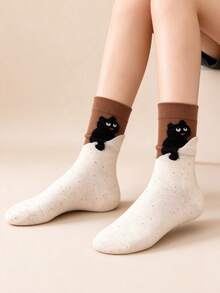 4 Pairs Women's Mid-Calf Socks, All-Season Cartoon Cat 3D Mid-Calf Socks, Fashionable And Simple, Fun And Unique, Delicate And Breathable, Moisture-Wicking And Non-Stuffy, Ribbed Elastic Cuff, Moderate Fit, Suitable For Various Occasions - Multicolor - View 1