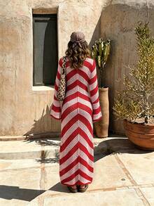 Women's Fashion Elegant Versatile Color Block Multicolor Striped Hollow Round Neck Long Sleeve Casual Sweater Dress - Multicolor - View 3