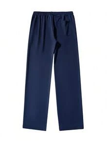 Men Solid Color Center Crease Straight Pants, Elasticated Waist Drawstring Relaxed Daily Trousers - Navy Blue - View 5