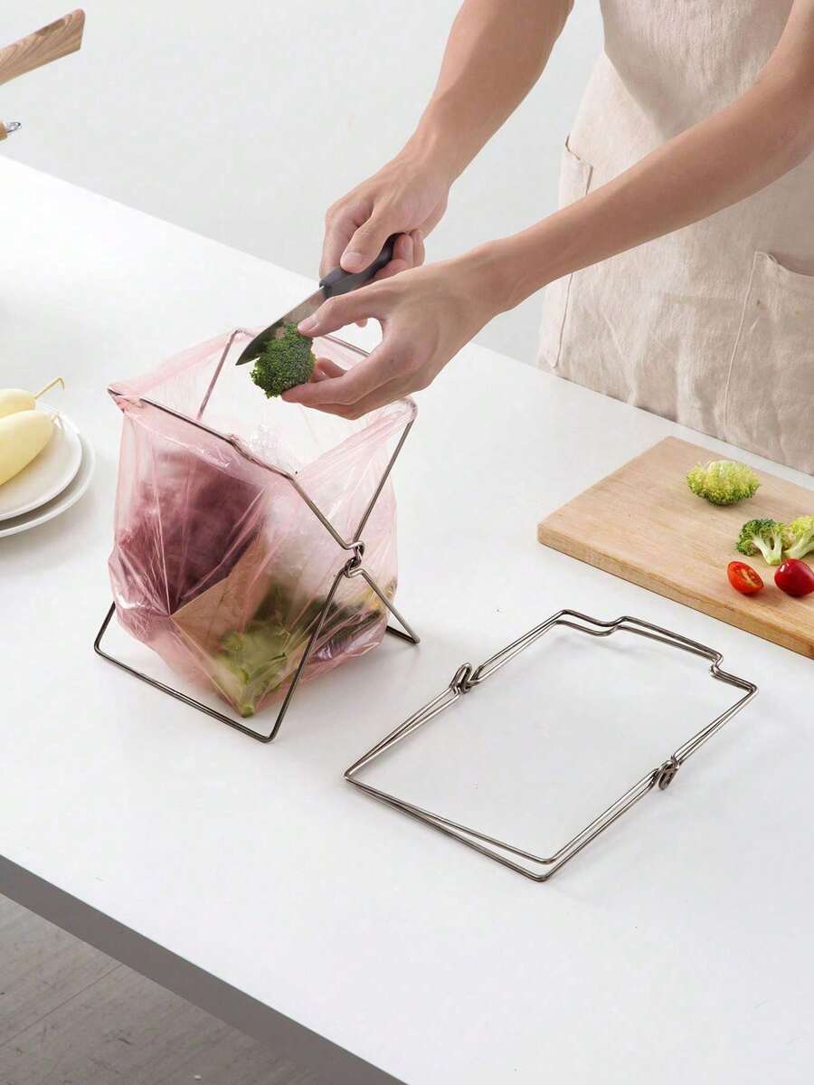 1pc Stainless Steel Foldable Trash Bag Holder & Dishcloth Rack, Kitchen Trash Can Storage Rack - Multicolor - View 1