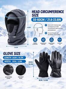 2PCS Unisex Autumn/Winter Multi-Function Cold-Proof Letter Print Balaclava Hat With PU Leather Gloves, Warm Headwear Set Suitable For Daily Outdoor Cycling - Multicolor - View 2