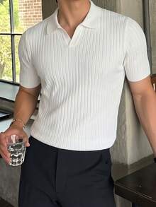 男士夏季針織毛衣，時尚羅紋素色短袖，適合休閒運動 - 白色 - 查看 4
