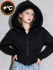 Lurzo Girls' Autumn/Winter Plush Warm Comfortable Zip-Up Hooded Jacket, Ribbed Waist Curved Hem Hooded Top, Outdoor/Back To School/Holiday - Black - View 2