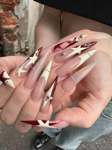 Monina Dark Night Red Maple Style 24pcs Hand-Painted Pentagram Long Pointed Exquisite Fake Nails With Rivet Accents, Red Maple Fallen Leaf Atmosphere, High-End Fashion Versatile Autumn/Winter Wearable Nails For Home And Party - Red Violet - View 10