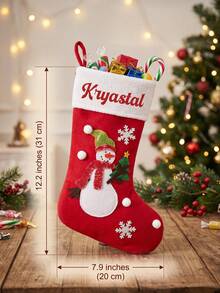 1pc Custom Name Christmas Stocking, Red Personalized Xmas Stocking With Santa Snowman Reindeer Applique, Snowflake Pom Pom Decoration, Fireplace Hanging Holiday Decor For Family - Multicolor - View 6