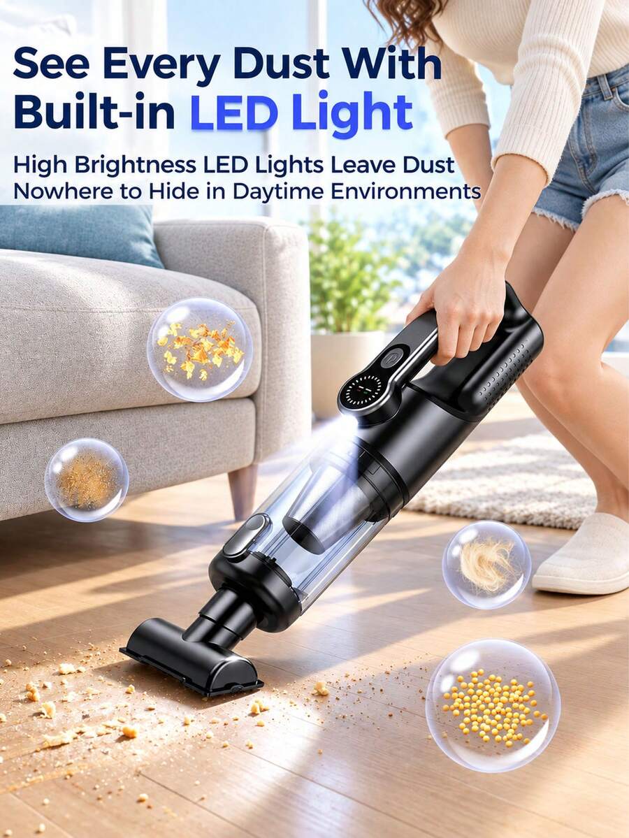 4-In-1 Portable Handheld Mini Car Vacuum Cleaner, 16000PA Powerful Suction, 3-Speed Adjustable Intensity, Brushless Motor, USB Rechargeable, Suitable For Home And Car Use, 11.1V 2000mAh