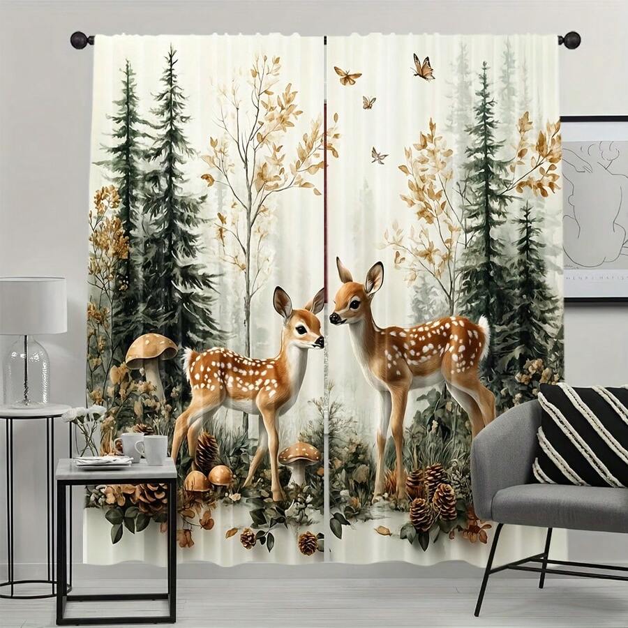 2pcs Charming Forest Deer Curtains - Vintage Art Polyester Panels, Sheer, Machine Washable, Suitable For Bedroom, Living Room, Study, Balcony, Office And Dorm Decor (Rod Not Included), Living Room Curtains - A - View 1