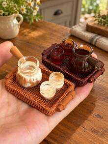 Miniature Coffee And Tea Drink Model, Includes Drink Pot, Cup And Faux Woven Tray Miniature Models, Dollhouse Kitchen Accessories, Model House Cafe Scene Decoration - one-size - View 2