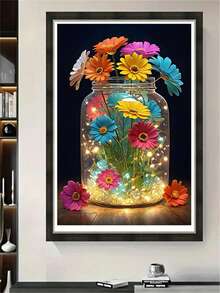 1pc Diamond Painting Kit, Colorful Glowing Glass Jar Flower Diamond Art, Home Desktop Decor Handmade DIY Rhinestone Craft, Suitable For Creative Crafting Scenes - round diamond - View 4