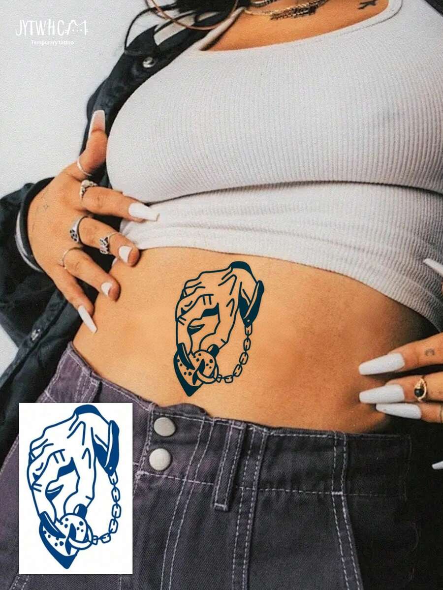 1pc Minimalist Y2K Small Pattern Temporary Tattoo, Unisex, Easy To Apply, Lasts 7-14 Days On Skin, Suitable For Beach, Party, Body Decoration - Blue - View 1