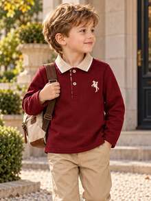 Boys Long Sleeve Polo Shirt, Contrast Collar And Embroidered Design, Classic Preppy Style Back To School Casual Top, Suitable For Autumn - Burgundy - View 5