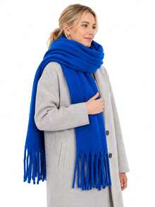 1pc Solid Color Scarf, Winter Warm Neck Protection, Thickened Wool Knitted Shawl With Tassels, Wearable - Royal Blue - View 7