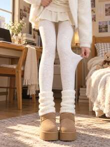 Women's Tight Leggings, Solid Color Knitted Texture Tights, Slim Fit Elastic Pantyhose, Casual Full Length Socks, Suitable For Autumn/Winter Daily Wear - Multicolor - View 2