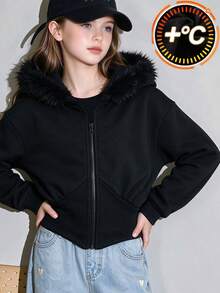 Lurzo Girls' Autumn/Winter Plush Warm Comfortable Zip-Up Hooded Jacket, Ribbed Waist Curved Hem Hooded Top, Outdoor/Back To School/Holiday - Black - View 3
